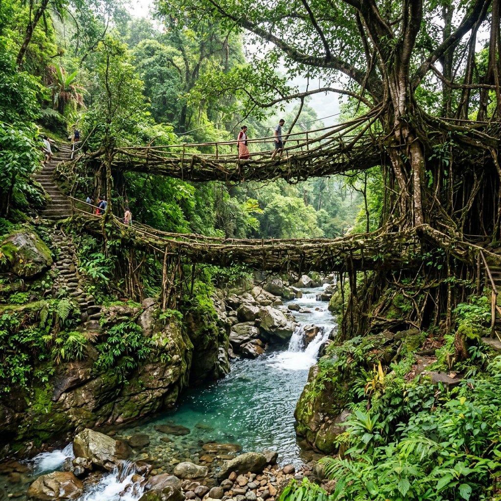 Breathtaking double-decker living root bridge in the dense rainforest of Cherrapunji, Meghalaya