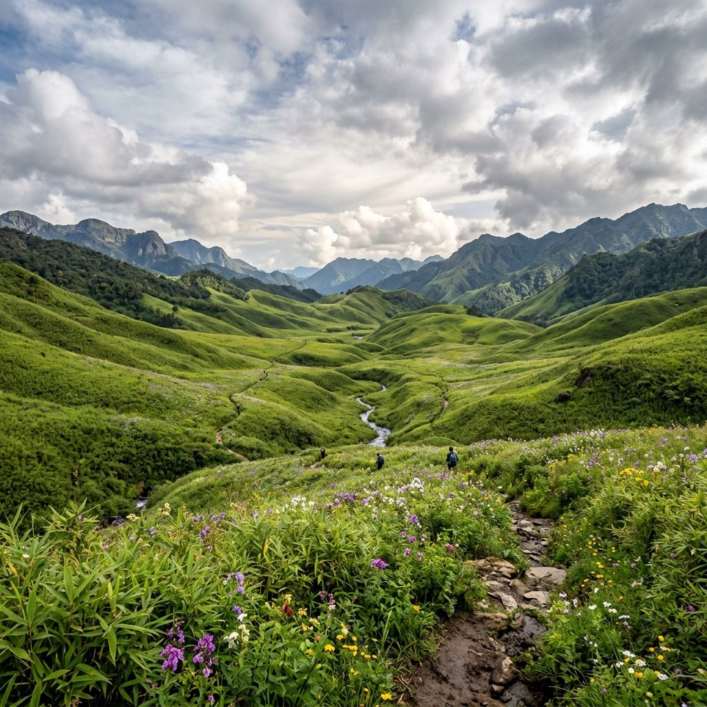 Lush green valley with rolling hills covered in clouds and dwarf bamboo vegetation