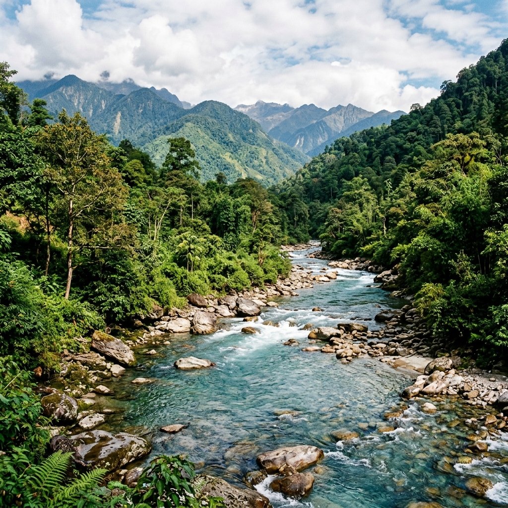 Scenic mountain stream running through lush subtropical forests at Manas, Assam