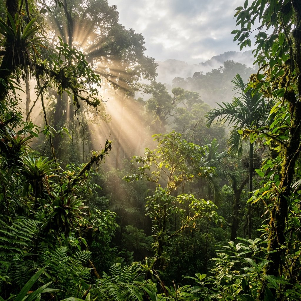 Mist-covered ancient trees in a tropical hill forest