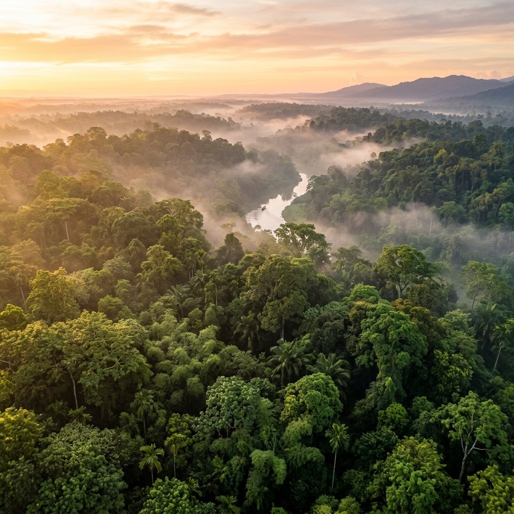 Aerial view of ancient forest canopy at dawn in Northeast India
