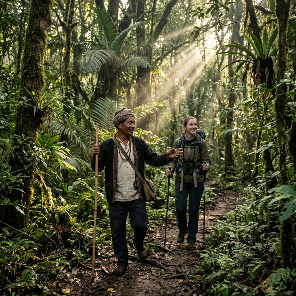Forest guide observing wildlife in its natural habitat in Northeast India